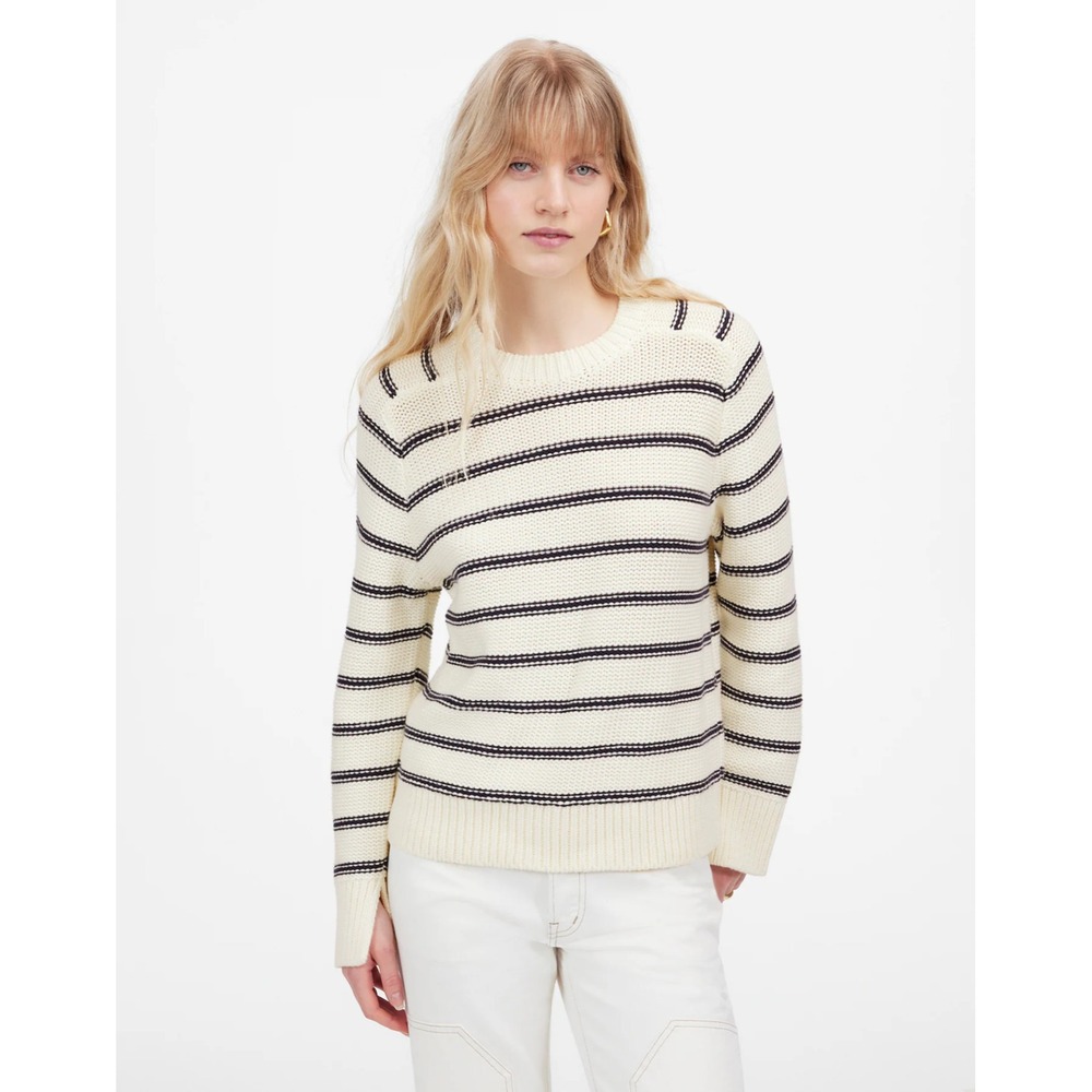 MADEWELL Cotton Crewneck Sweater Size Small 2025 Cream Navy NU925